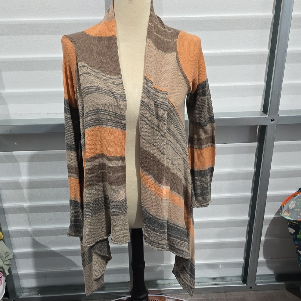 Striped Open Front Cardigan Sweater Size Large Orange‎ And Brown